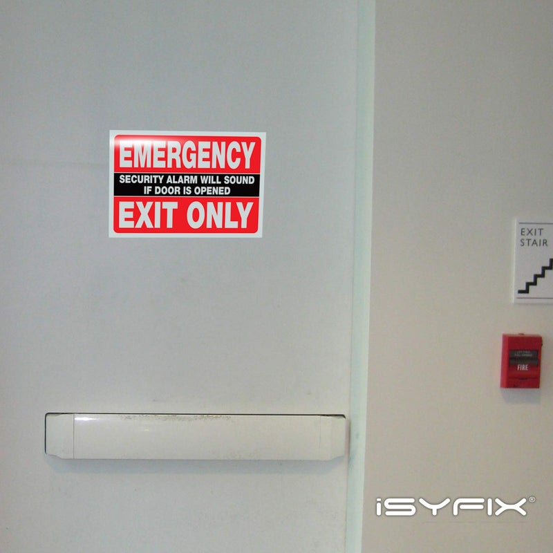 iSYFIX Emergency Exit Only Stickers â€“ 2 Pack 10x7 Inch â€“ Premium Self-Adhesive Vinyl, Laminated UV, Weather, Scratch, Water & Fade Resistance, Security Alarm Will Sound if Door is Opened Sign - Image 4